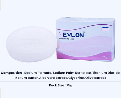 Evlon Soap- Sodium Palmate,Sodium Palm Kernelate, Titanium Dioxide,Kokum Butter, Aloe Vera Extrate, Glycerine,Olive Extrate